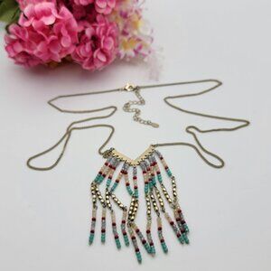 Premier Designs Multicolor Crystal Seed Bead Tassel Necklace 35" Adj. Gold Tone